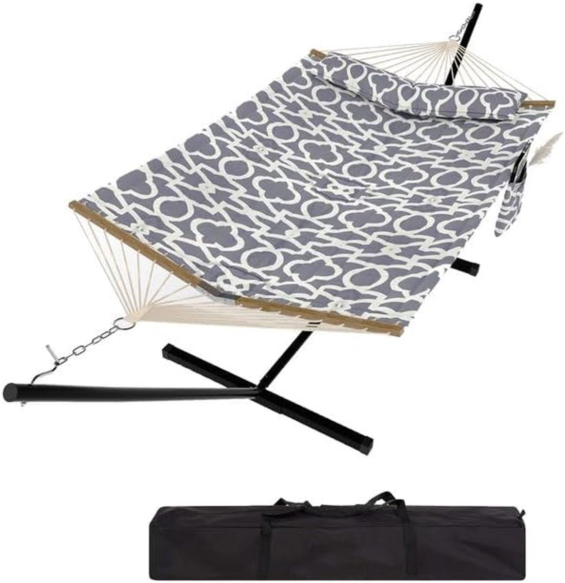 2-Persoons Hangmat met Standaard - Dubbele Hangmat met Stevig Stalen Frame - Max. 205 kg - Voor Binnen & Buiten - 365 x 140 cm -Lichtgrijs