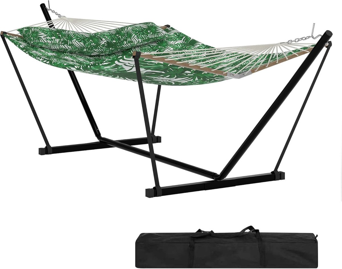 2-Persoons Hangmat met Standaard - Dubbele Hangmat met Stevig Stalen Frame - Max. 205 kg - Voor Binnen & Buiten - 365 x 140 cm -Groen