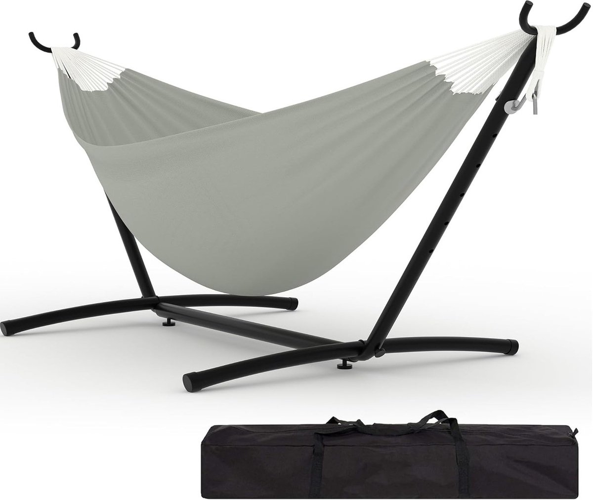 Dubbele Hangmat met Standaard - 2-Persoons Hangmat - Verstelbaar & Draagbaar - Max. 160 kg - Inclusief Draagtas - Voor Binnen en Buiten - Lichtgrijs