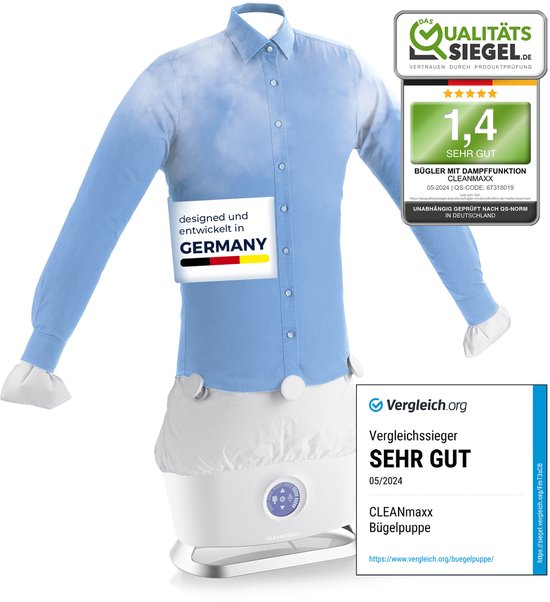CLEANmaxx automatische kleding stomer met stoomfunctie | Innovatieve strijker voor overhemden en blouses, strijkautomaat | Zachter dan wasdrogers en strijkijzers, 2 programma's, touchdisplay