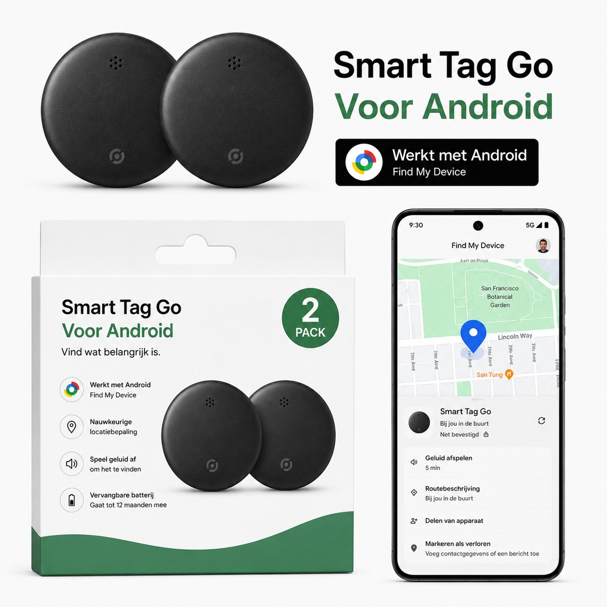 Android GPS Tracker – 2 stuks - Real-time Locatie Volgsysteem – Werkt met Google Find My app- Alleen geschikt voor Android telefoons- Gecertificeerd - Batterij Vervangbaar - 24/7 live locatie meekijken - Zwart