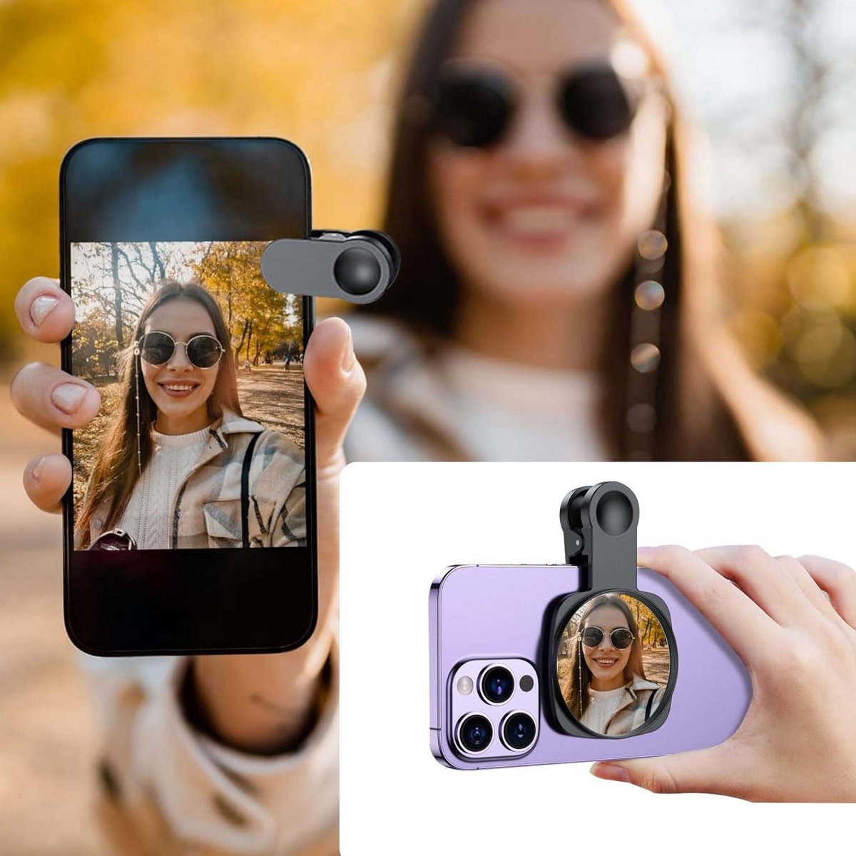 Verstelbare Selfie Clip met Reflectie Camera voor Mobiele Telefoon, Draagbare Spiegel voor Zelfportretten en Reisaccessoires, Zwart