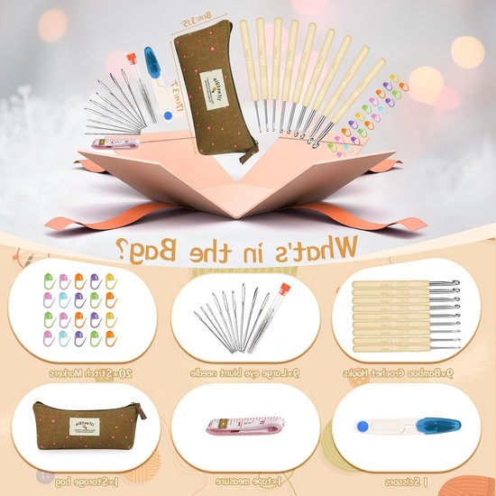 Ergonomische Haaknaalden Set voor Beginners met Bamboe Handvat, Lichtgewicht en Comfortabel voor Artrose, Inclusief Draagtas en Accessoires, Maten 2-6 mm — afbeelding 5