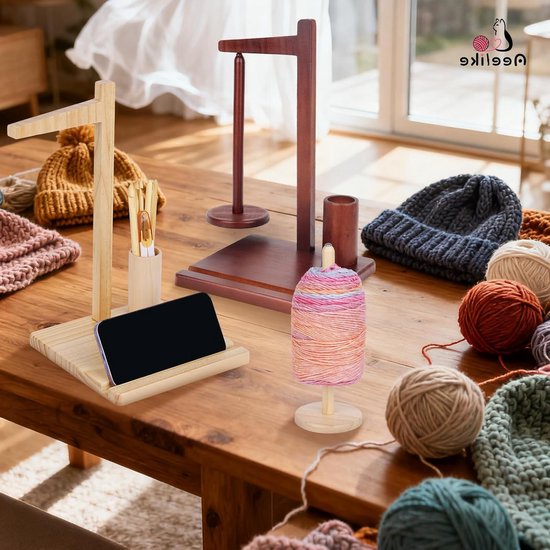 Houten Garnehouder met Magnetische Functie voor Breien en Haken, Inclusief Opbergruimte en Telefoonstandaard, Draaiende Wolbalhouder voor Gemakkelijk Gebruik van houten — afbeelding 5