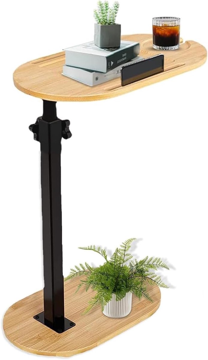 C-vormige Bijzettafel, 360° Draaibaar en Hoogte Verstelbaar, Ideaal voor Smalle Ruimtes, Houten en Metalen Tafel voor Woonkamer en Slaapkamer, Modern Ontwerp, Multifunctioneel Gebruik