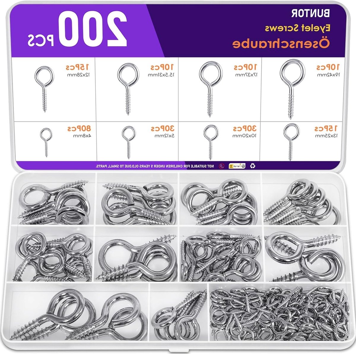 Oogschroef Set - Ringschroef Haken - Ophangen Zware Lasten - Vernikkeld Metaal - 200 Stuks - Zilver