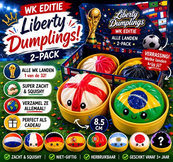Liberty Dumplings WK Editie – 2-Pack Squishy Speelgoed – 8.5 cm Mystery Landen – Super Zachte Fidget & Stressbal