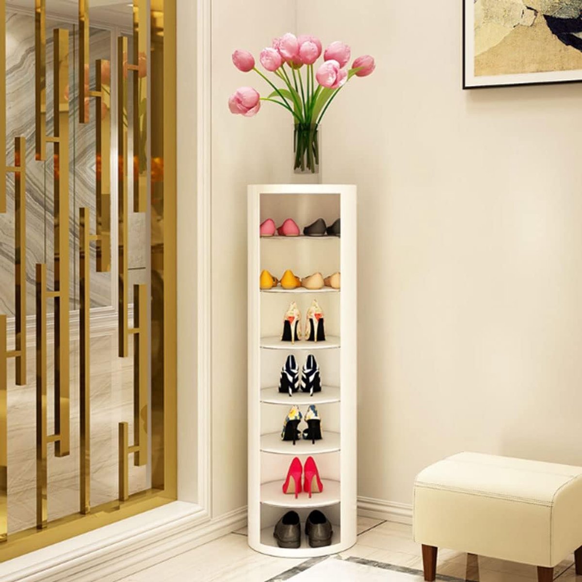 360° Draaibare Smalle Schoenenkast – Roterend Schoenenrek Kast Ø32cm Ruimtebesparend voor Hal & Woonkamer – Verstelbare Luxe Schoenopslag Waterdicht Aluminium Design – Mobili Bella