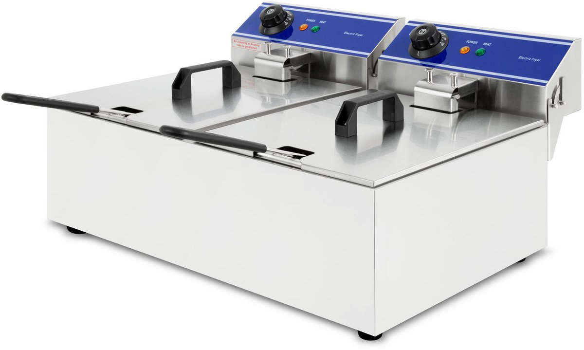 VERTES Professionele elektrische friteuse 2x 10 l, 6000 W, 230 V, koude zone-principe, temperatuur 50-200 °C, frituurmand, resetfunctie, roestvrij staal, werkt op frituurolie