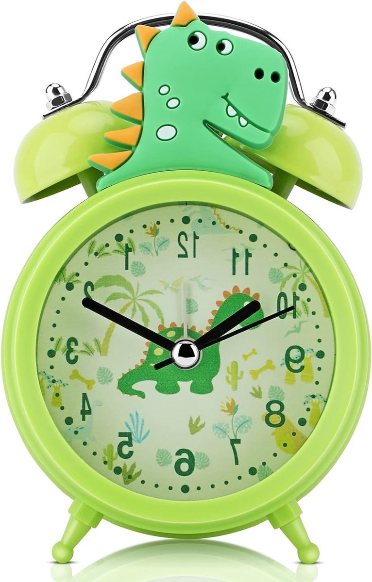 Schattige Groene Dinosaurussen Wekkers voor Kinderen, Stil en Luide Dubbele Bel met Achtergrondverlichting, Perfect als Schoolcadeau voor Jongens
