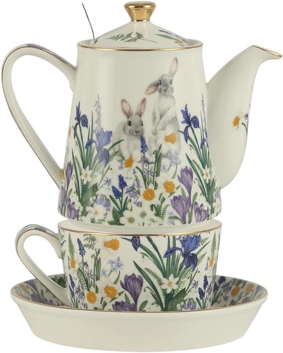 Theeservies met infuser - Theepot met kopje - Afternoon tea - Stapelbaar ontwerp - 17 oz - Wit