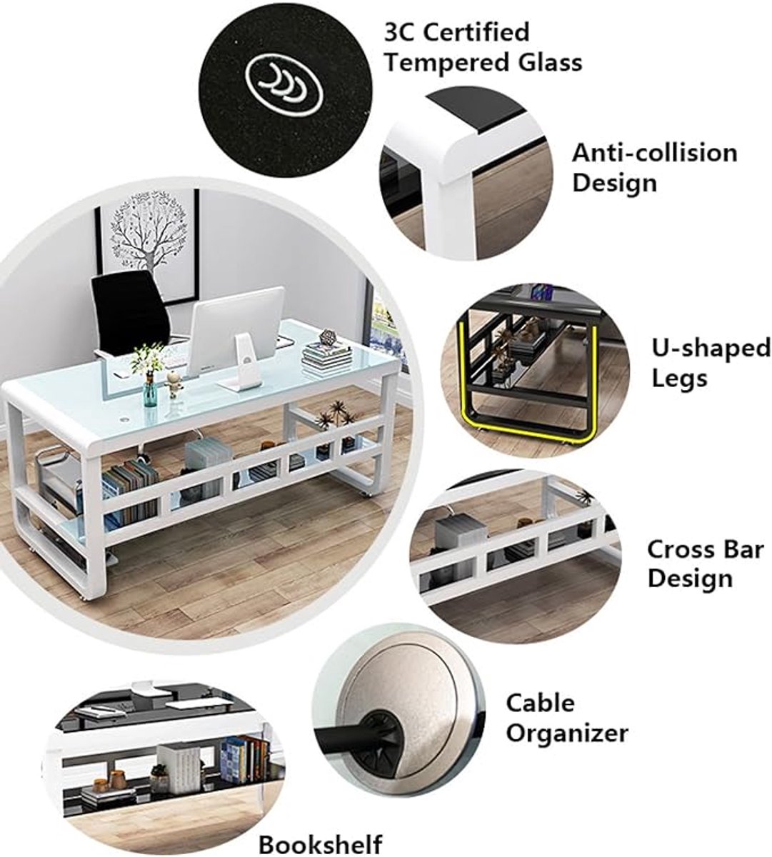 Computertafel van gehard glas 120x60x75 cm – Modern Gaming Bureau / Schrijftafel met Opbergplanken, Kabeldoorvoer, Kras- en Waterbestendig, Metalen Frame, Home Office & PC Laptoptisch