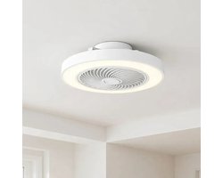 Plafondventilator Fiato Ø 50 cm - metalen ventilator - ventilator voor laag/schuin plafond - top kwaliteit - stil - energie zuinig - 6 snelheden - warm wit licht 2700 Kelvin - 3 step dim - zomer en winter stand - wit
