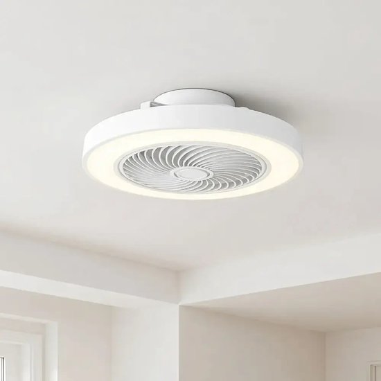 Plafondventilator Fiato Ø 50 cm - metalen ventilator - ventilator voor laag/schuin plafond - top kwaliteit - stil - energie zuinig - 6 snelheden - warm wit licht 2700 Kelvin - 3 step dim - zomer en winter stand - wit