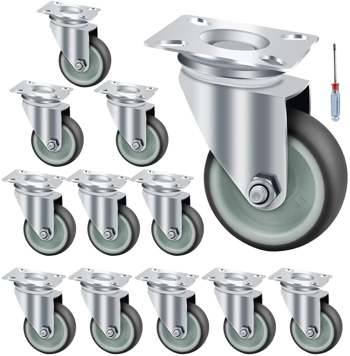 Duurzame Rubber Meubelswielen met een Diameter van 50 mm, 12 Stuks, Geschikt voor 50 kg Belasting, Inclusief 48 Schroeven voor Eenvoudige Montage