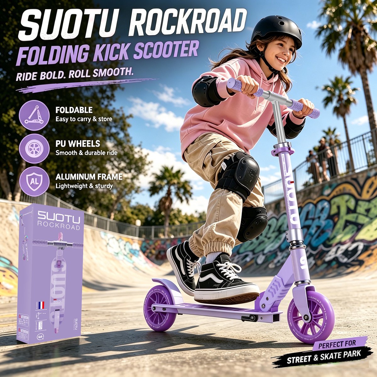 Suotu Kinderstep - 145mm Lichtgevende Wielen - Step - Speelgoed Jongens/Meisjes - Max stuurhoogte: 85 cm - Aluminium - Paars — afbeelding 2