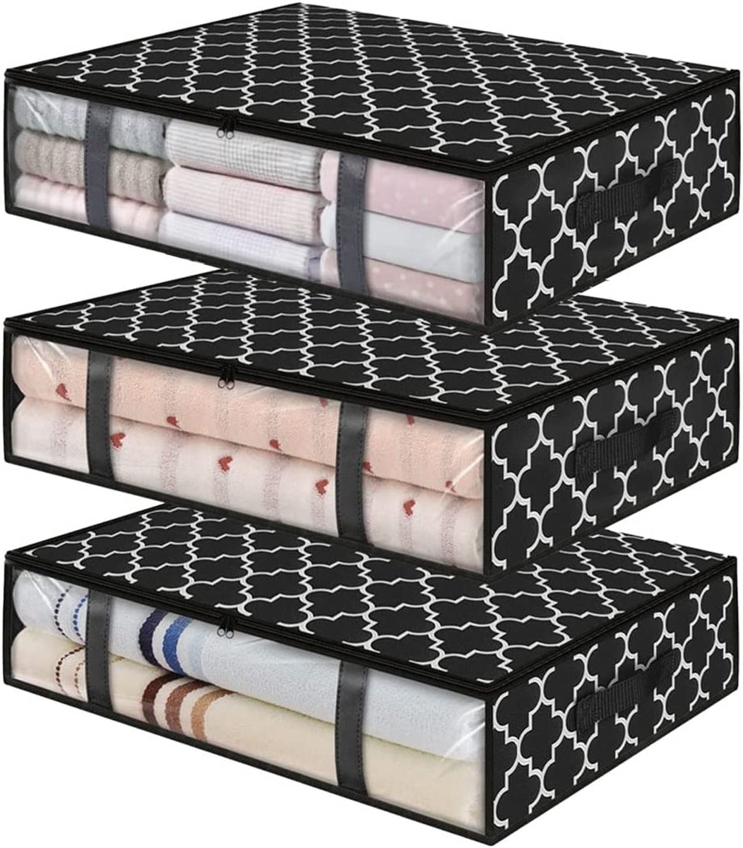 KZQ Opbergdoos - Opbergtas - Kledingorganizer - Opvouwbare opbergdoos - Opbergdozen voor onder het bed - Set van 3 - Geschikt voor het opbergen van beddengoed, dekens, kleding, truien, kussens en speelgoed - 60 x 45 x 15 cm - Zwart