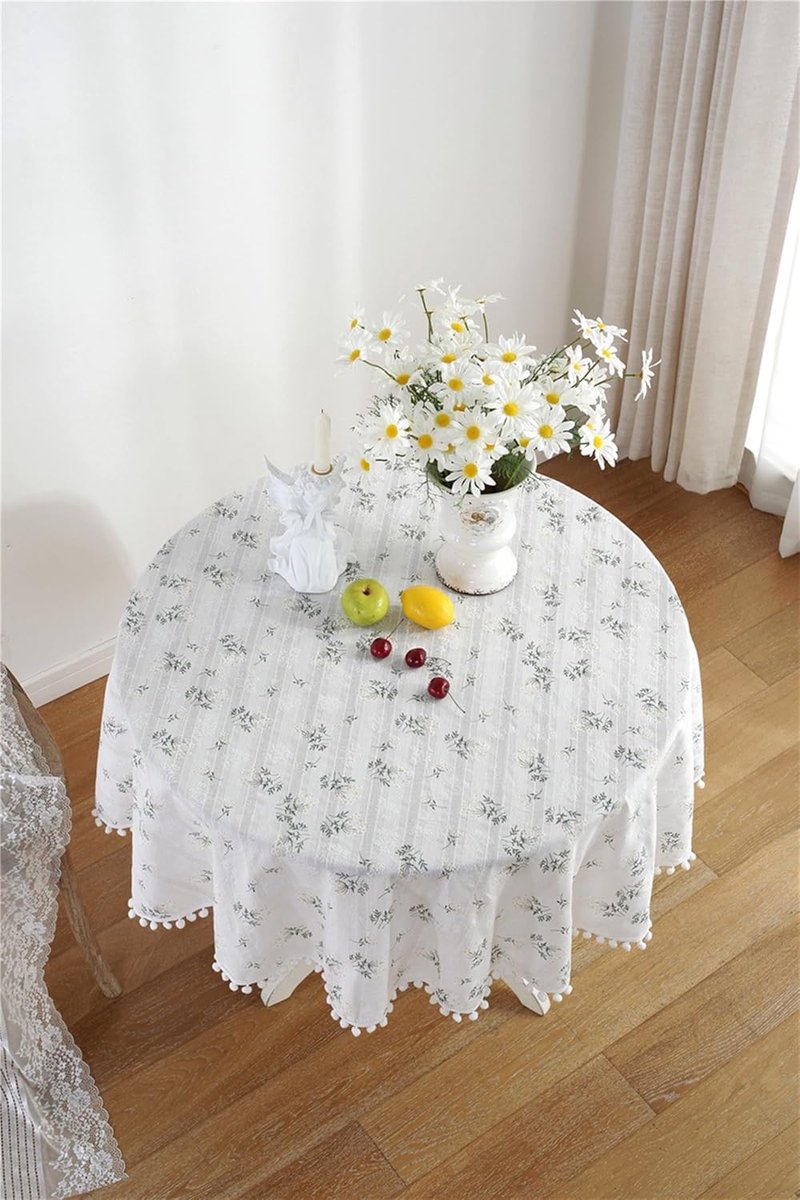 Tafelkleed Katoen - Rond Kleed - Eettafel Decoratie - Met Pompoms - 140 cm - Wit