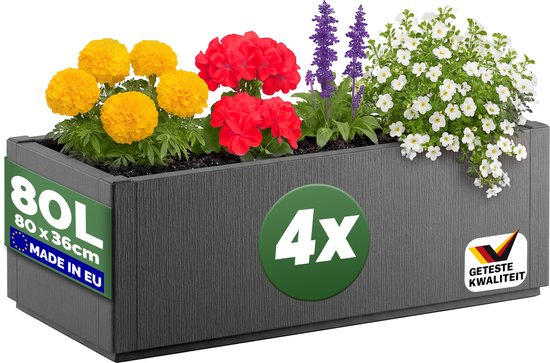 Grijze plantenbak van 80 liter, 80x36cm, gevuld met rode, gele en witte bloemen. Gemaakt in de EU.