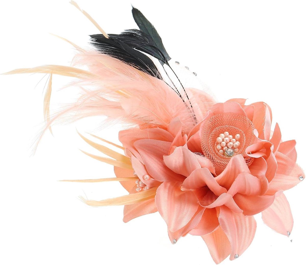 Bloemen Haarclip - Bloem Speld - Feestelijke Accessoire - Elegante Veren - 15x20cm - Roze Zwart