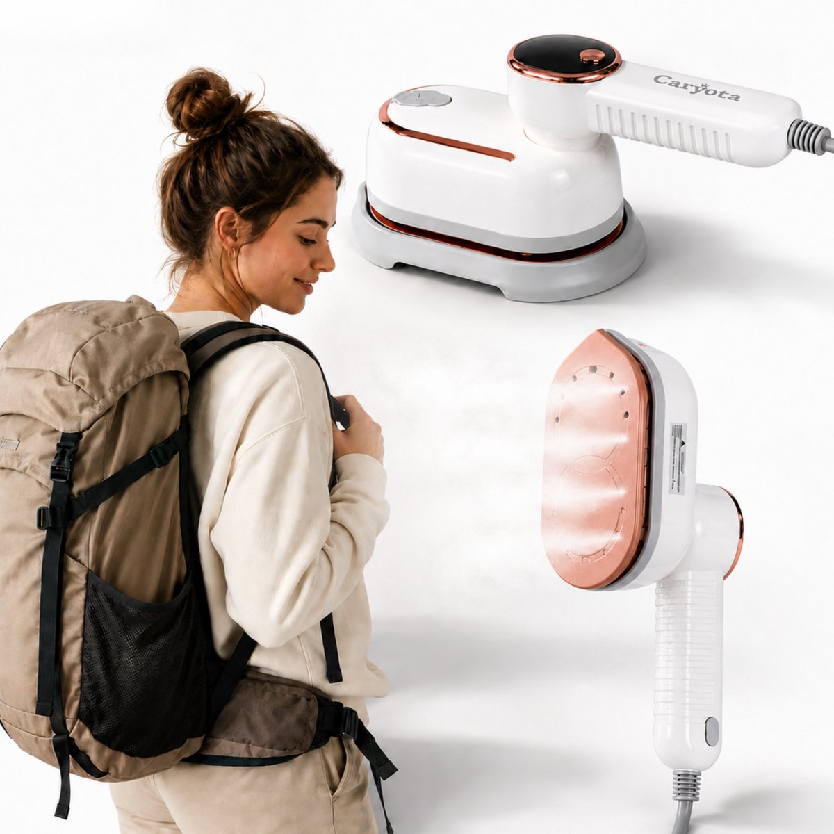 Caryota Reis Strijkijzer 2-in-1 - 3 Stoomstanden - 1400W - In 15s warm - 180° Roteerbare Stoomkop - Kledingstomer - LCD - Senioren - Steamer - Lichtgewicht