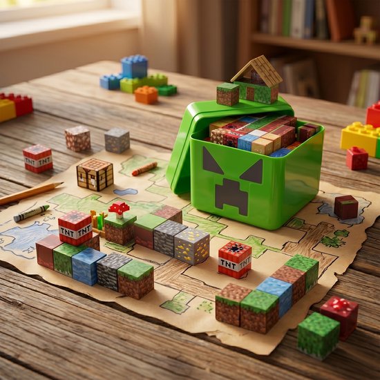 Grijze en groene Minecraft blokken, met TNT en paddenstoelen, liggen op een kaart. Een groene creeper-doos met deksel staat open.