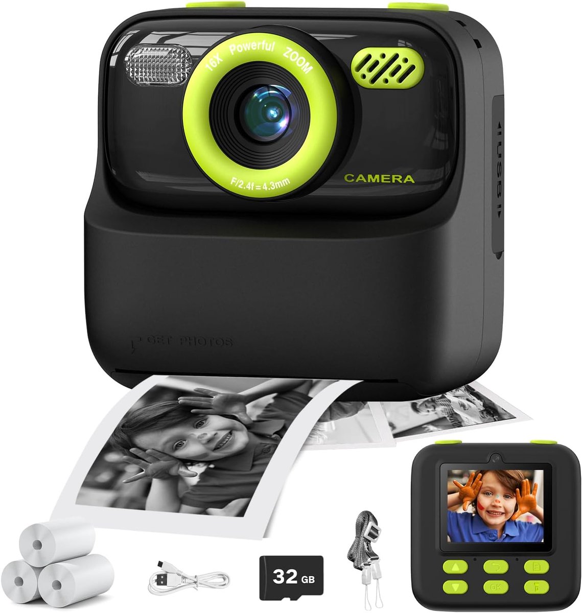 Fly & Plug Digitale camera - 1080P HD-camera met dubbele lens voor selfies - Inclusief printpapier & 32GB-geheugenkaart