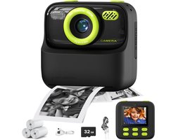 Digitale camera – Digitale camera voor kinderen met directe printfunctie – Ontwerp met dubbele lens – Unisex – 1080P HD-camera met dubbele lens voor selfies – Inclusief printpapier & 32GB-geheugenkaart–Cadeau voor jongens en meisjes – Zwart & groen
