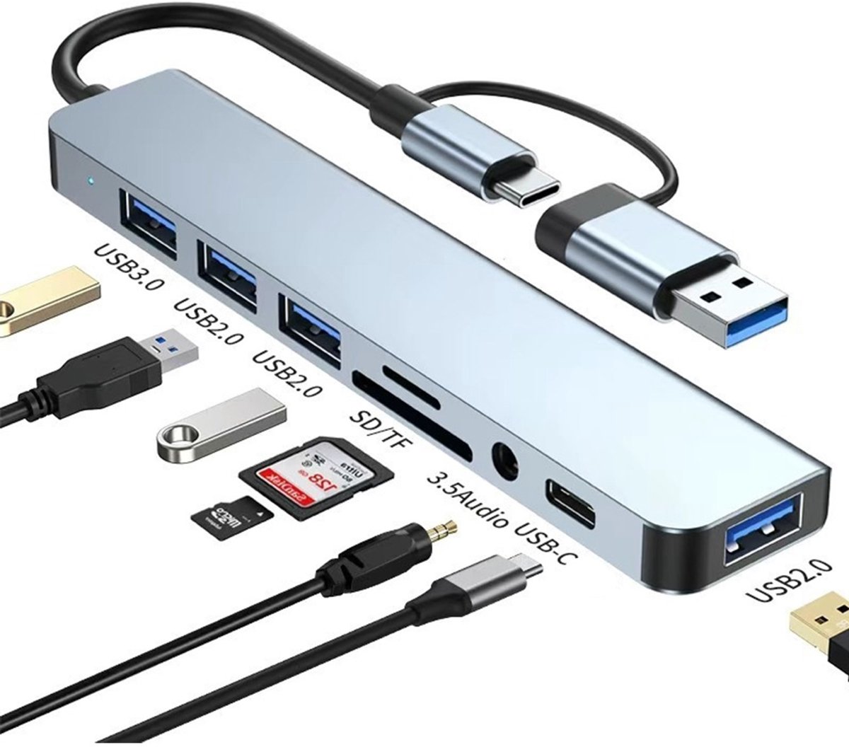 8-in-1 USB-C & USB-A Dockingstation — Met USB 3.0 en SD/TF-kaartlezers — Compatibel met Type-C-laptops — Zwart