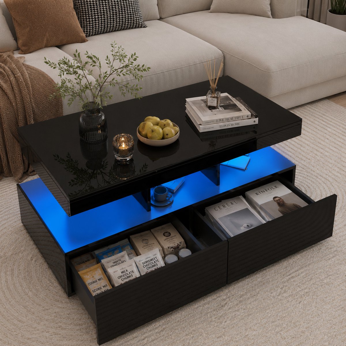 Salontafels Koffietafel - Salontafel Met LED Verlichting En 2 Lades - Sterk 60kg - Woonkamer Tafel - 105x53x46cm - Spaanplaat - Zwart