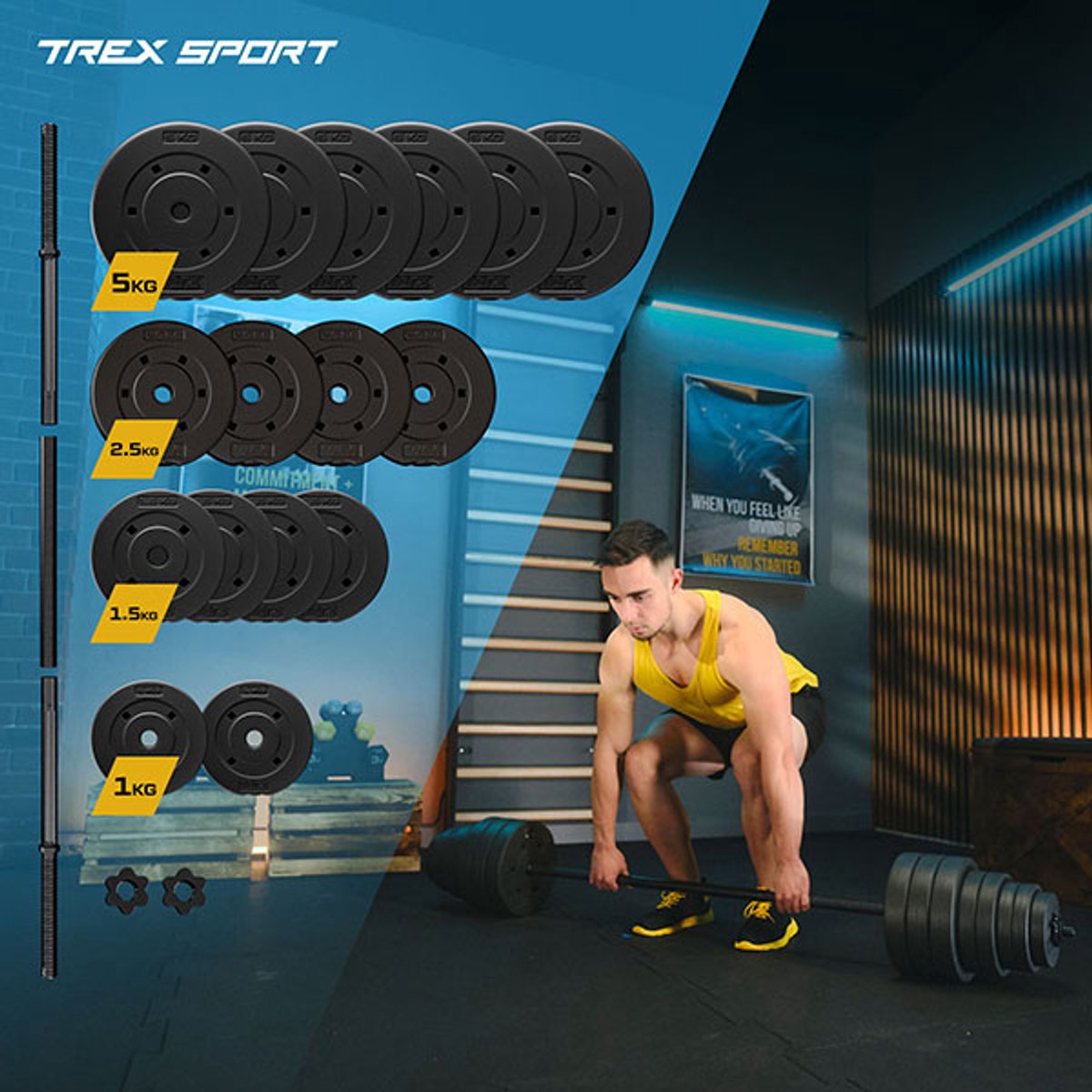 Trex Sport TX-055SG – Krachttraining Set – Fitness Set XXL – Rechte Stang 180 cm – Inclusief 55 kg Bitumen Schijven – Ø 25 mm thumbnail 4