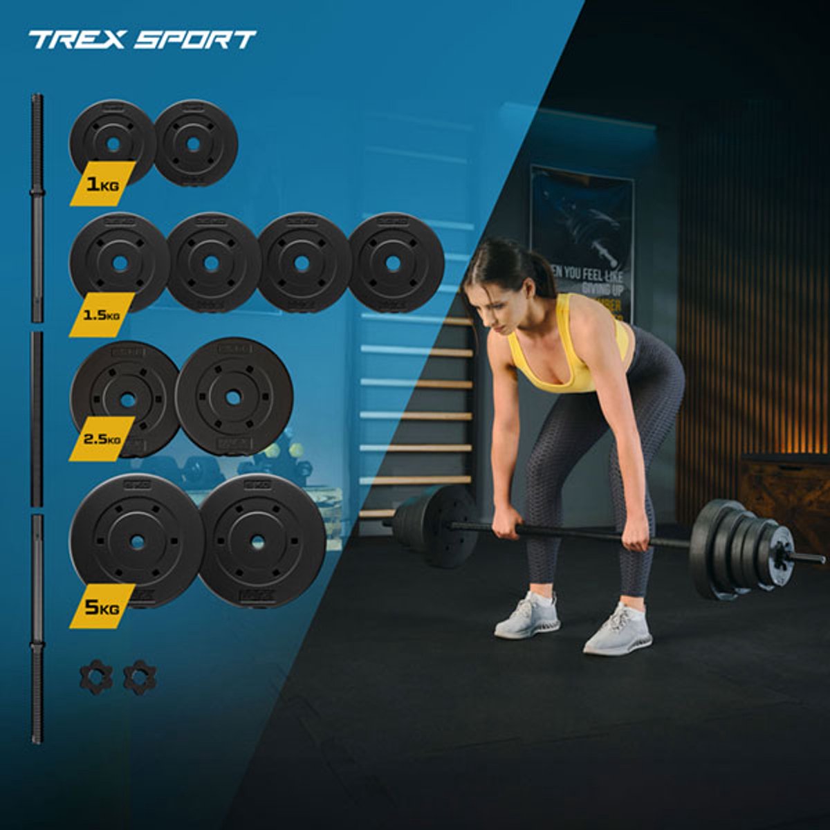 Trex Sport TX-028SF – Lange Halterset – Met 150 cm Stang – Bitumen Gewichten – Bodybuilding – Voor Thuisgym – 28 kg Totaal thumbnail 4