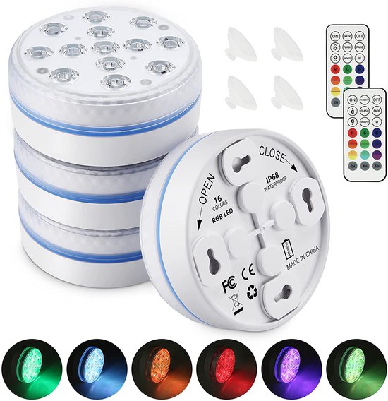 Onderwater Led-Verlichting Met Afstandsbediening - 13 Led-Zwembadlampjes Voor Inbouw- En Bovengrondse Zwembaden Met 10 Zuignappen - 16 Kleurenwisselende Onderwaterverlichting Voor Vijvers, Werkt Op Batterijen (4 Stuks)