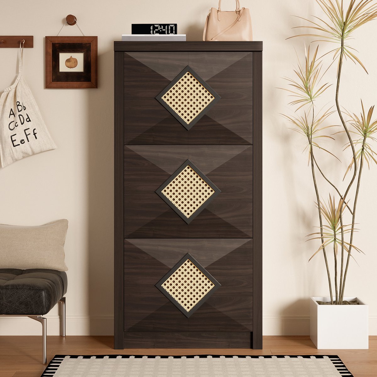 VVBV Schoenopberger 54x25x115 cm met Rotanlook, Smal Model - Ruimtebesparend, Voor Hal/Entree - Hout/Rotanlook Bruin