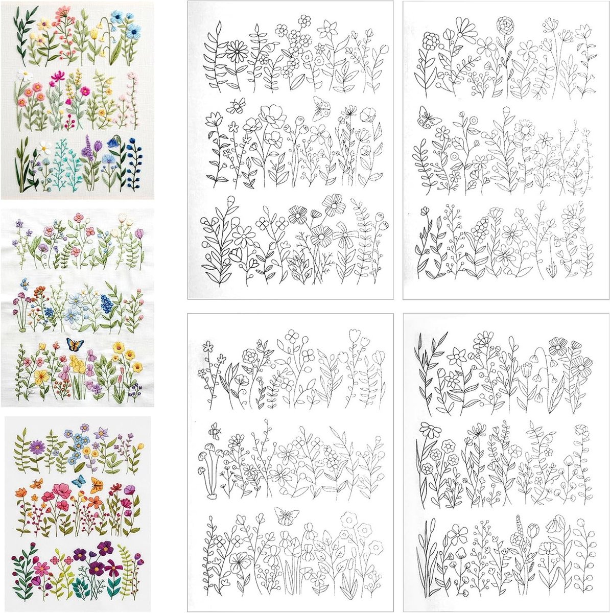 Bloemmotieven Wateroplosbaar Borduurpapier voor Creatieve Projecten, Vooraf Geprinte Transferpatronen en Handmatig Borduren