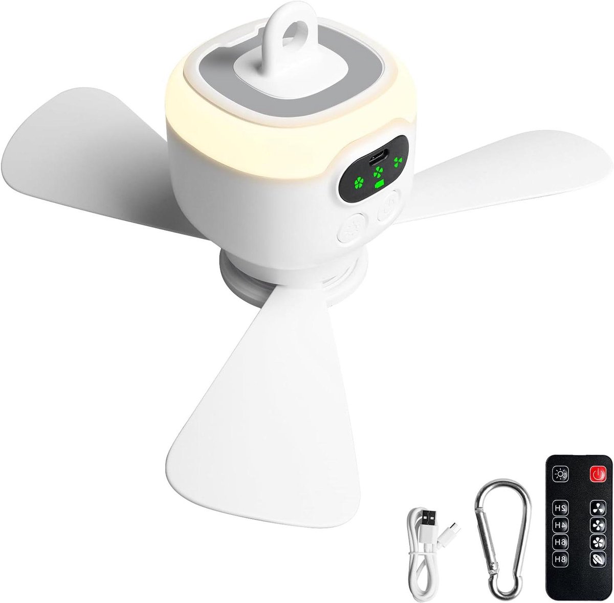 Campingventilator met licht - Draagbare ventilator Tentventilator - Kamperen en Buiten - Afstandsbediening en Timer - 8000 mAh - Wit