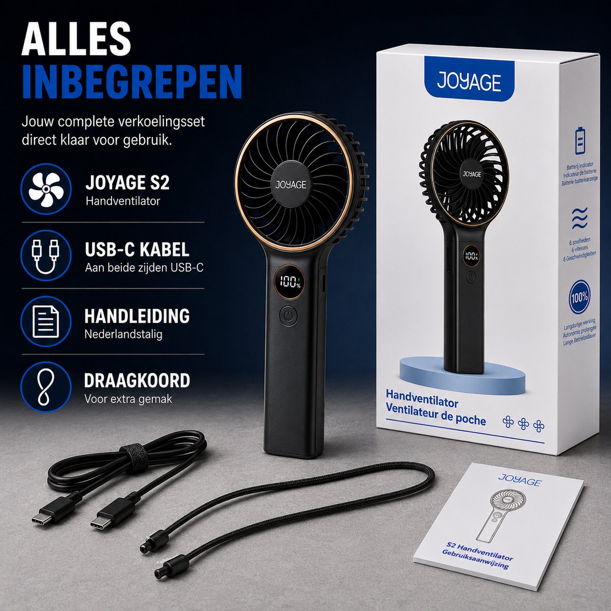 Joyage Handventilator Oplaadbaar - Zwart - 6 standen - Powerbank - Kleine Ventilator usb c - Mini fan Gezichtsventilator - Portable fan Mini ventilator - Nekventilator Halsventilator - Tafelventilator Waaier Handwaaier - Draagbare ventilator bureau — afbeelding 8