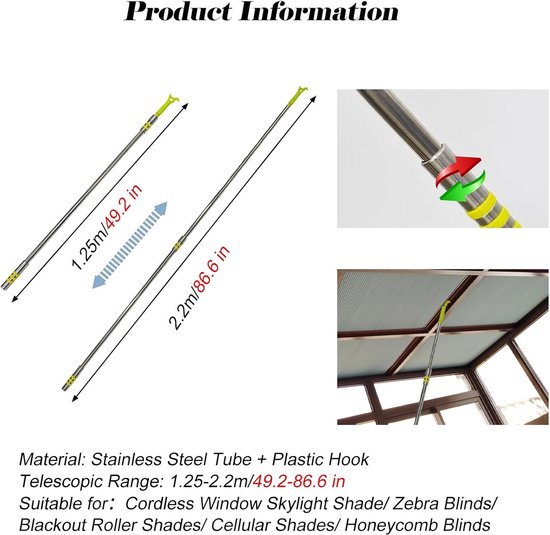 Telescopische Stang - Raamstok Gordijnstok - Hoge Ramen Bediening - Verstelbaar Uitschuifbaar - 125-220cm - Zilver — afbeelding 4