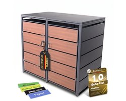 ALBATROS afvalcontainerbox voor 2 containers, houtlook, 120 l tot 240 l, voor twee containers, afvalcontainerbehuizing van gegalvaniseerd metaal met houtlook, afsluitbaar, weerbestendig, getest volgens ISO 9227, inclusief set stickers