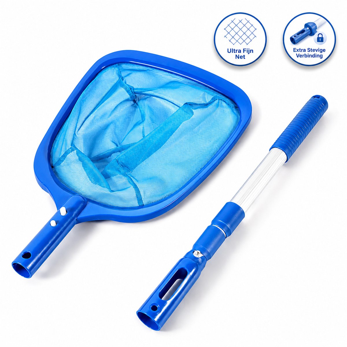 WVspecials Zwembad Schepnet met 90 cm Uitschuifbare Steel – Fijn Net voor Bladeren & Vuil – Sterke Verbinding – Blauw