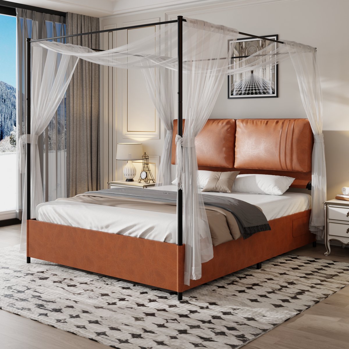Merax Luxe Hemelbed – Gestoffeerd Bed 160x200 cm met Lederen Kussens – Metalen Frame – Verwijderbare Baldakijn – Bruin (Zonder Matras)