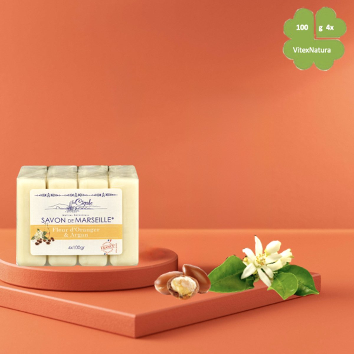 Marseille zeep 4x100g | Glycerine Argan olie en Sinaasappel bloesem zeep | La Cigale