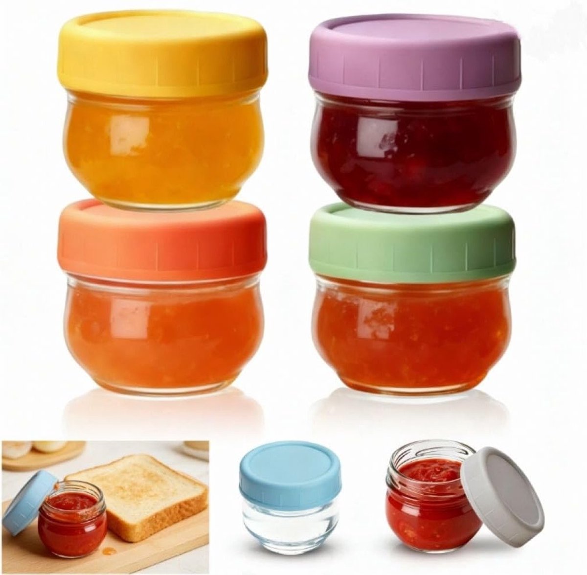 Set van 6 Levensmiddelencontainers van 50ml, Glazen Kruidenpotjes met Deksel, Lekvrij en Geschikt voor Dips, Specerijen en Reizen, Ideaal voor Magnetron en Vriezer