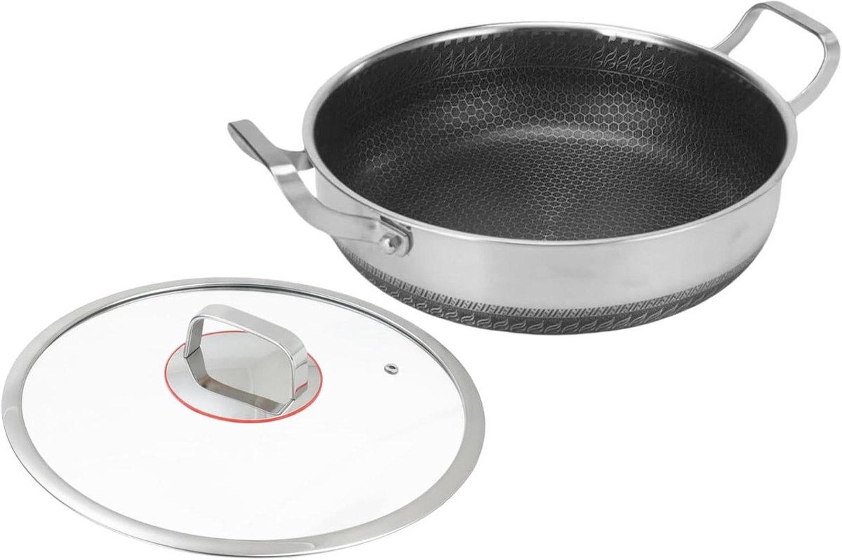 Koekenpan met Deksel - Steelpan Braadpan - Dagelijks Koken - Dubbele Handgreep - 26 cm - Zilver