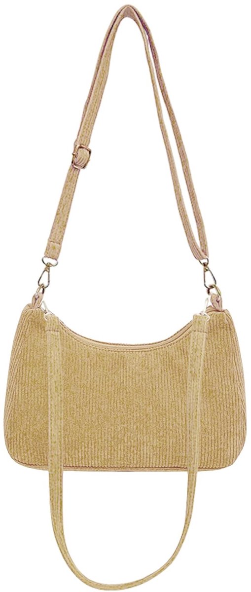 Dailygoody - Corduroy Schoudertas - Retro Handtas - Kleine Zachte Handtas - Khaki - Met Ritssluiting - Perfect voor Werk en Vrijetijd - Minimalis