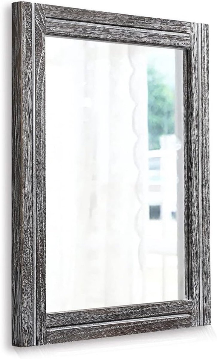 Rustieke Wandspiegel met Houten Frame 50x40cm - Decoratieve Vintage Spiegel voor Slaapkamer en Badkamer, Donkergrijs, Rechthoekig Design