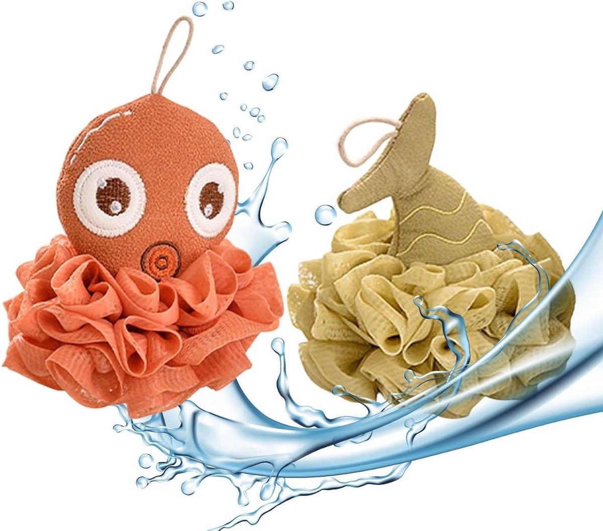 Badspons Set - Douche Poef - Lichaam Reinigen - Schattige Zeedieren Vorm - Set van 2 - Meerdere Kleuren