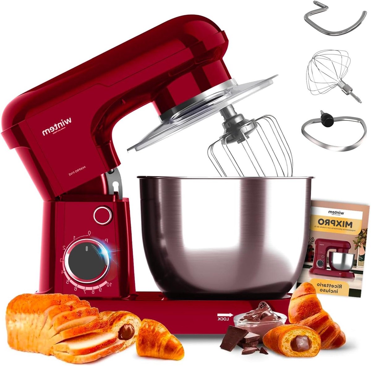 Planeetmixer - Keukenmachine - Bakken en Koken - 10 snelheden - 5 liter kom - Rood