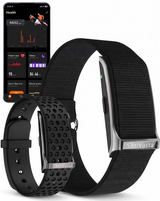 Shrivasta Activity Tracker | Dames & Heren Zwart- Smart armband met Hartslagmeter - Zuurstofmeter (SpO2) - Bloeddrukmeter – Stappenteller & Slaaptracker – menstruatiecyclus - incl. 2 Armbanden