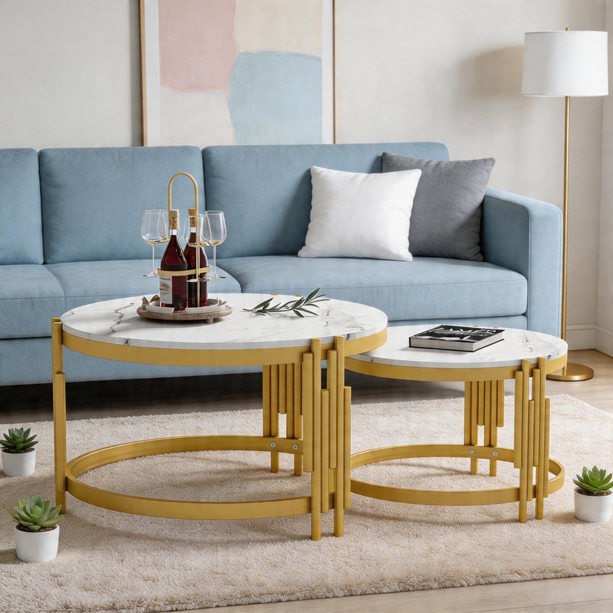 KOMHTOM Modulaire salontafelset in marmerlook - Ronde tafels in twee maten met gouden metalen frame Antiek messing + wit